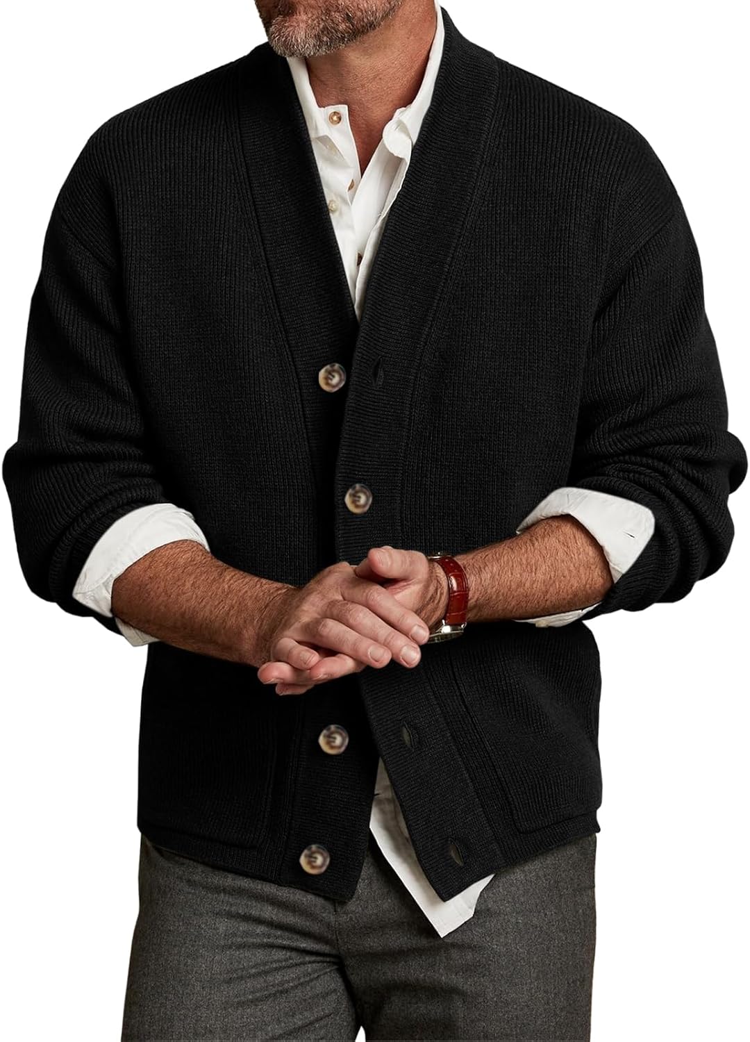 Karlywindow Mens Cardigan Sweater Cable Knit V Neck Casual Button Down Open Front Ribbed Sweater with Pockets
