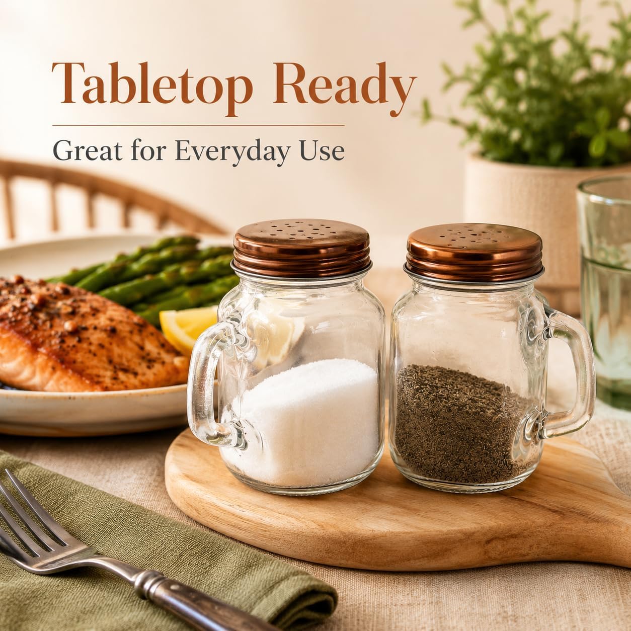 Mason Jar Salt and Pepper Shakers Set 4 oz Glass Shakers with Handles Copper-Tone Lids Rustic Farmhouse Kitchen Dining Table