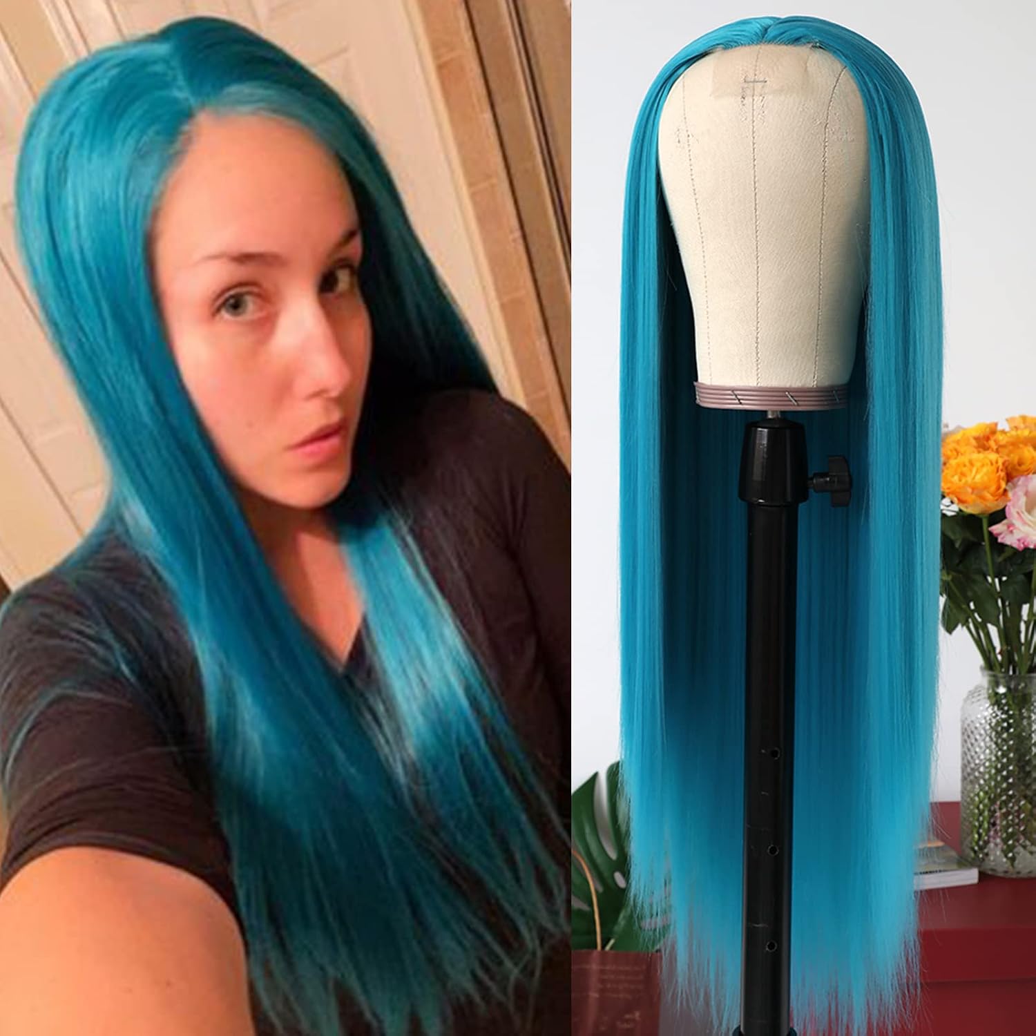 Lovestory Silky Straight Synthetic No Lace Wigs Blue-green Heat Resistant Glueless Synthetic Hair Wig for Fashion Women