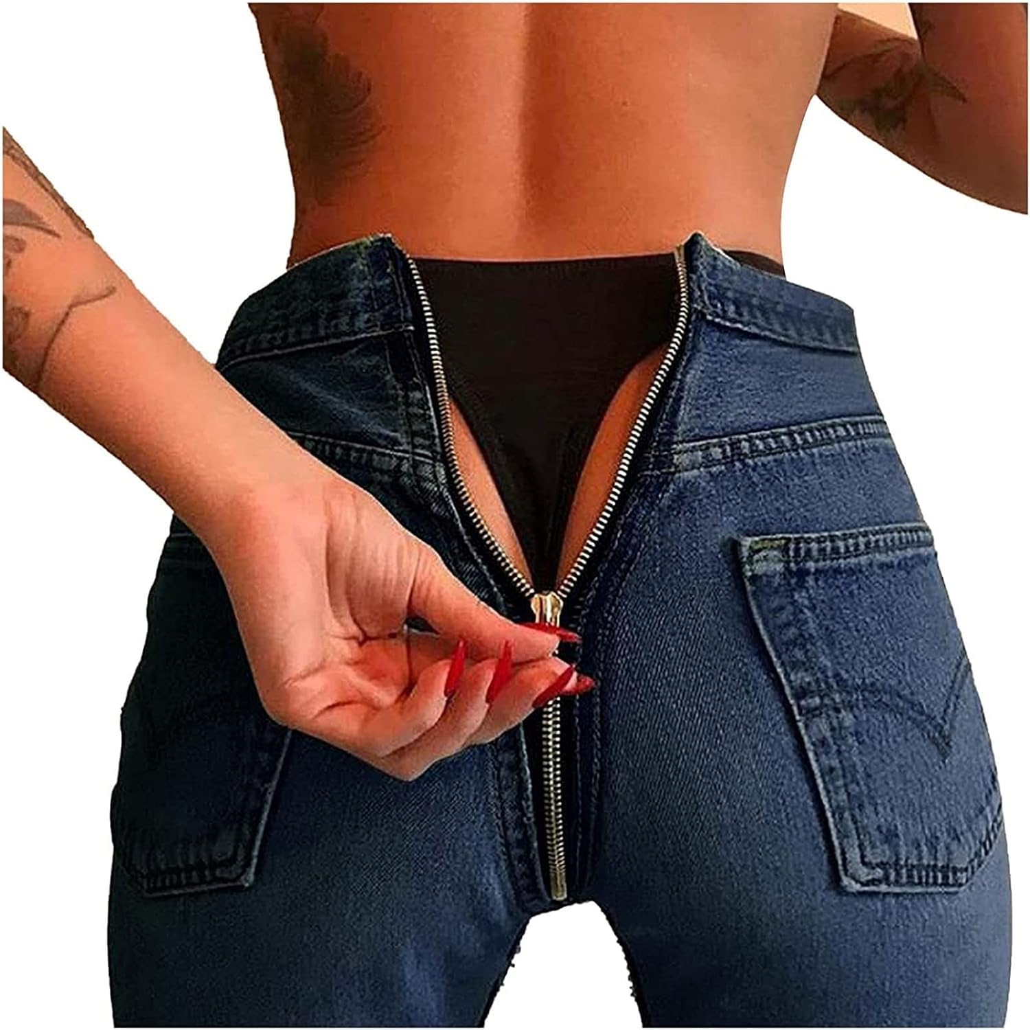AALLYN Back Zipper Jeans for Women Sexy Skinny Denim Pants Stretch Jeggings Slim Trousers with High Waist