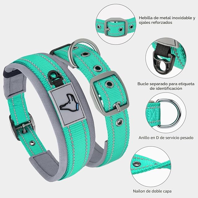 Foto 3 de 6 de Joytale Collar Perro Grande, Resistente y Reflectante, Ajustable de Acolchado Neopreno Nylon, Turquesa, XL