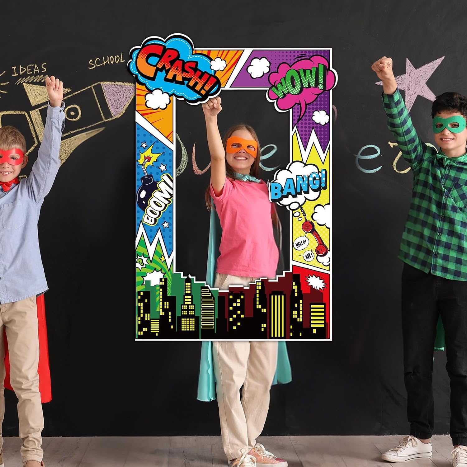 Comic Hero Photo Prop Colorful Hero Party Props Accessories Comic Book Photo Booth Frame Cartoon Birthday Party Decor for Boys Girls Kids Family Cartoon Birthday Supplies 21.57×31.50 Inches