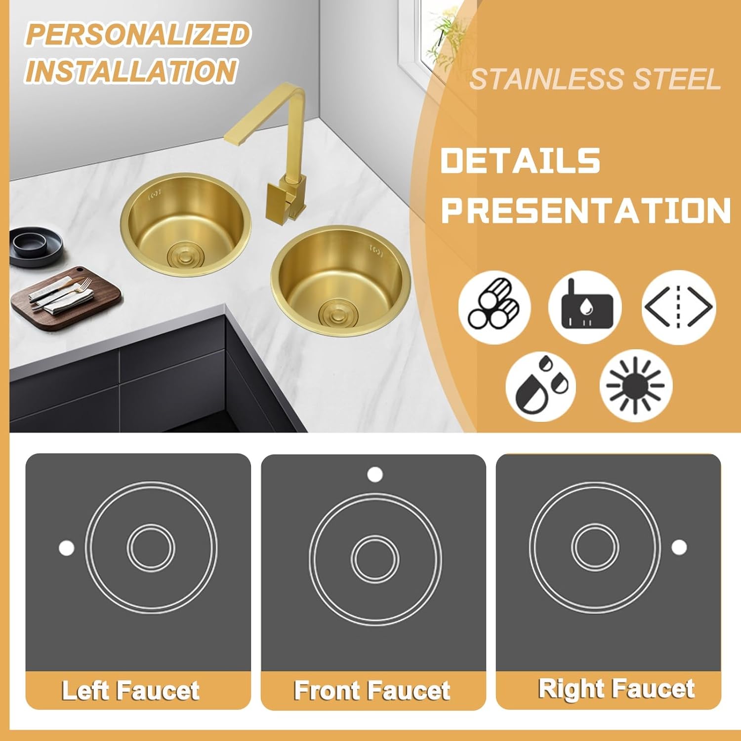 32cm Gold Stainless Steel Bar Sink,36cm Round Small Space Prep Sink,40cm Silent Soundproofed Single Bowl RV Sink,for Kitchen, Camping(Golda 40x40x21cm)