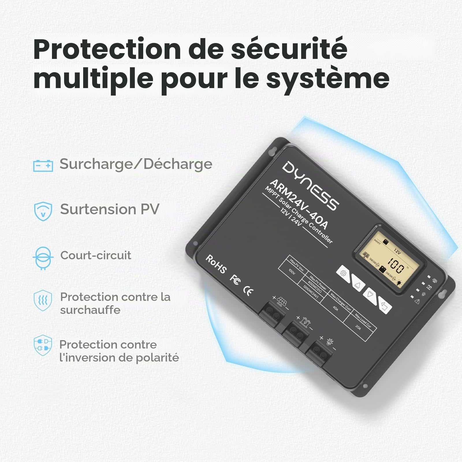 Dyness Régulateur de Charge Solaire MPPT 40A 12V 24V Automatique, Bluetooth, 100V (Entrée PV max.), Écran LCD, pour Systèmes Solaires & Batteries SLA, GEL, FLD, AGM, Li