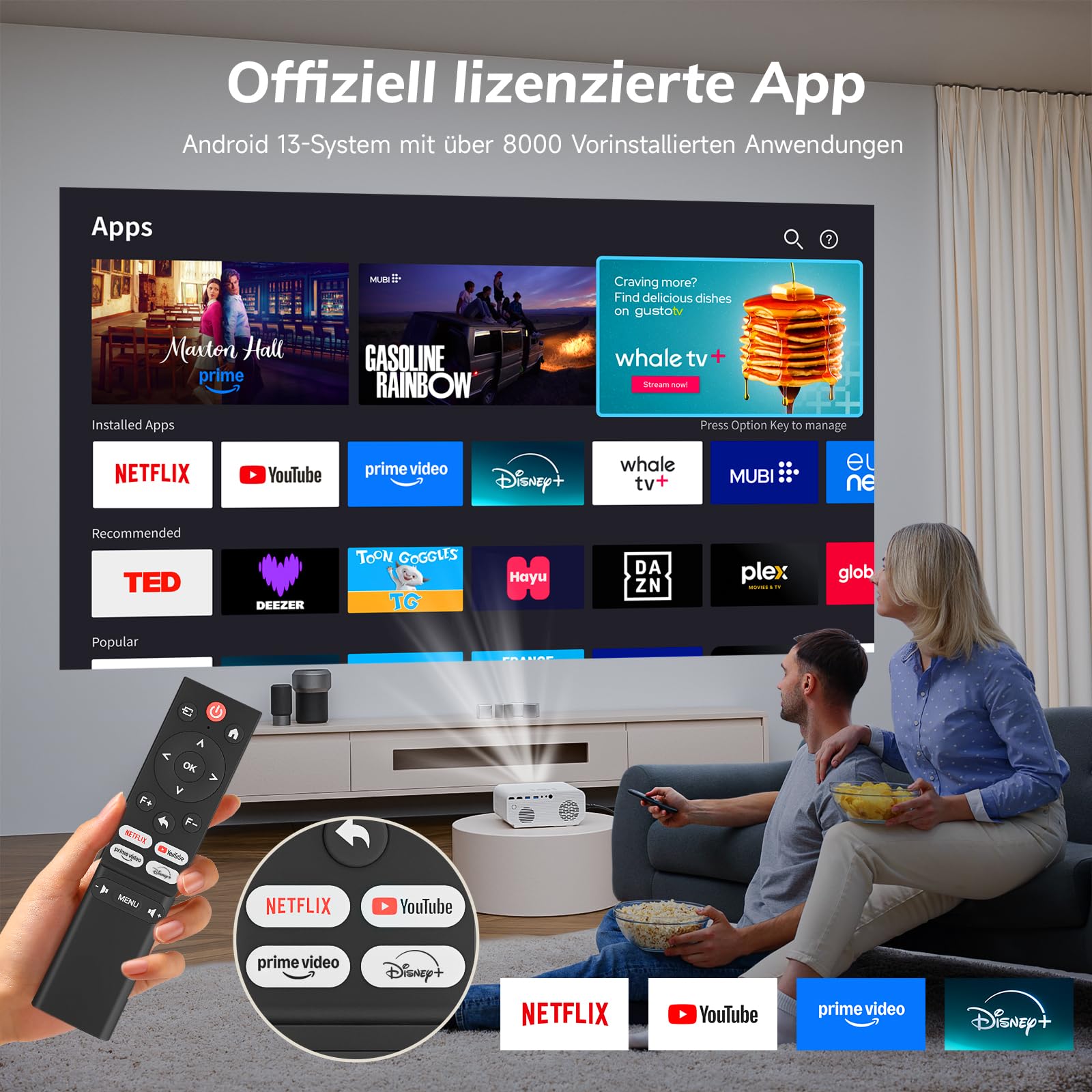 Proiettore 4K, app con licenza ufficiale, messa a fuoco automatica 1300 ANSI e correzione trapezoidale 6D, proiettore smart home theater, Zoomcat 1080P Full HD, WiFi6, Bluetooth 5.3, proiettore per
