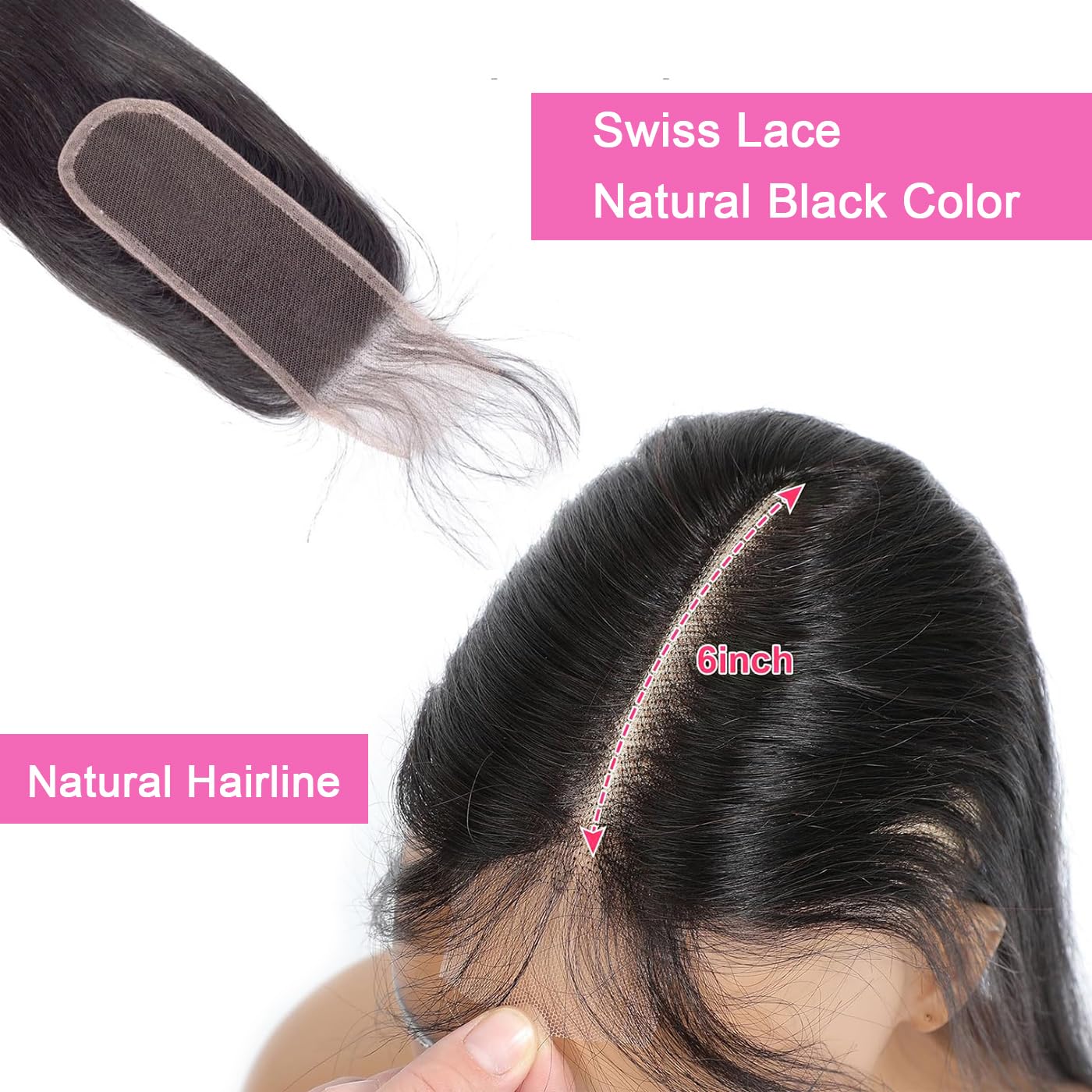 2X6 Lace Closure High Density Body Wave 2 by 6 HD Transparent Lace Closure 14 Inch Pre Plucked With Baby Hair Kim K Closure 100% Brazilian Virgin Unprocessed Middle Part Human Hair Natural Black