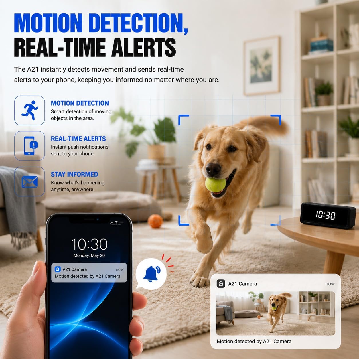 A21 4K Indoor Security Camera, Smart Clock Hidden Camera with 150° Wide Angle, 5G WiFi Remote Monitoring for Baby, Pet & Home Security, Motion Alerts, IR Night Vision, Local Storage up to 256GB