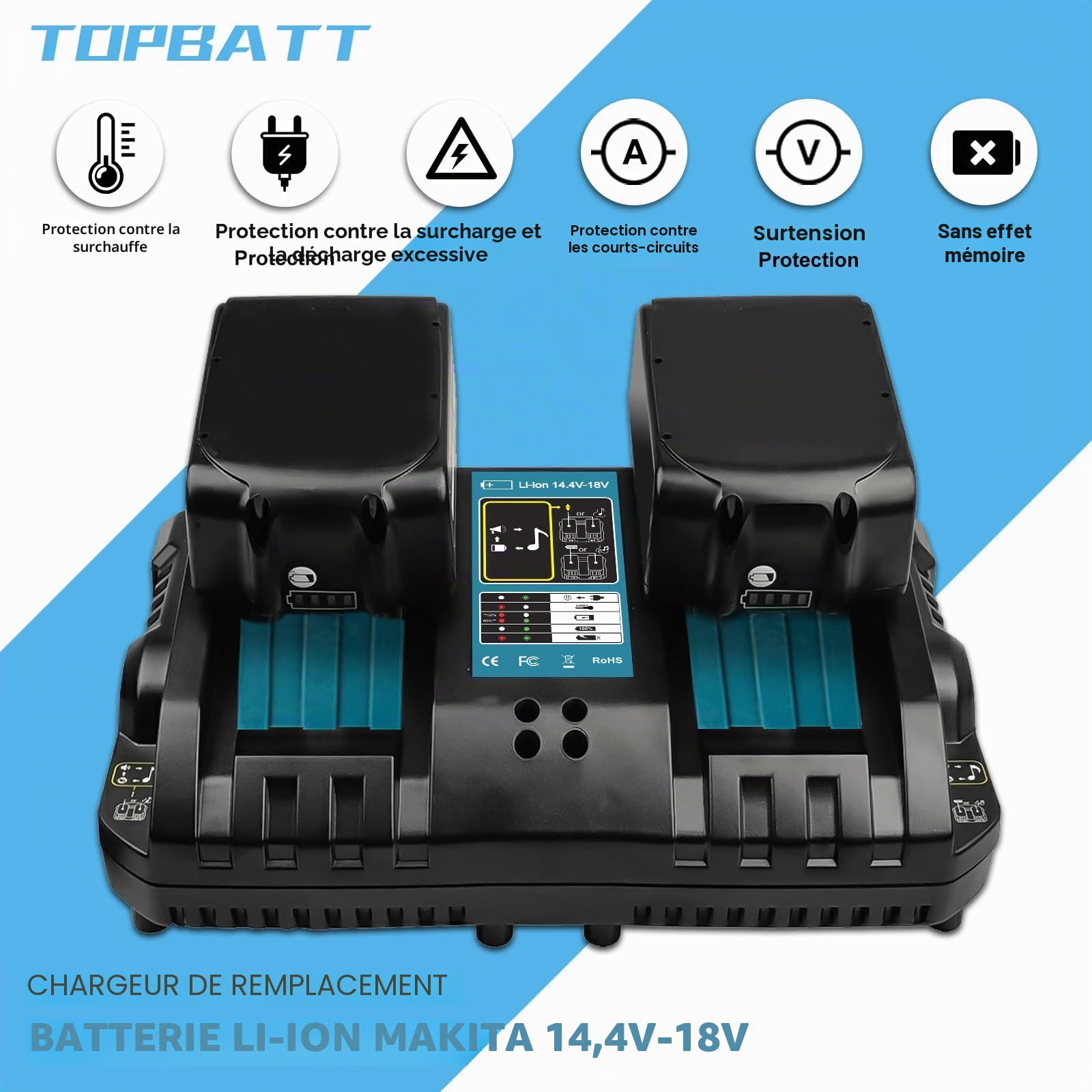 2Packs 10A BL1860B Remplacement pour Makita Batterie 18V et Un Chargeur | DC18RD Double Charge Compatible avec Makita 14,4V- 18V Batterie