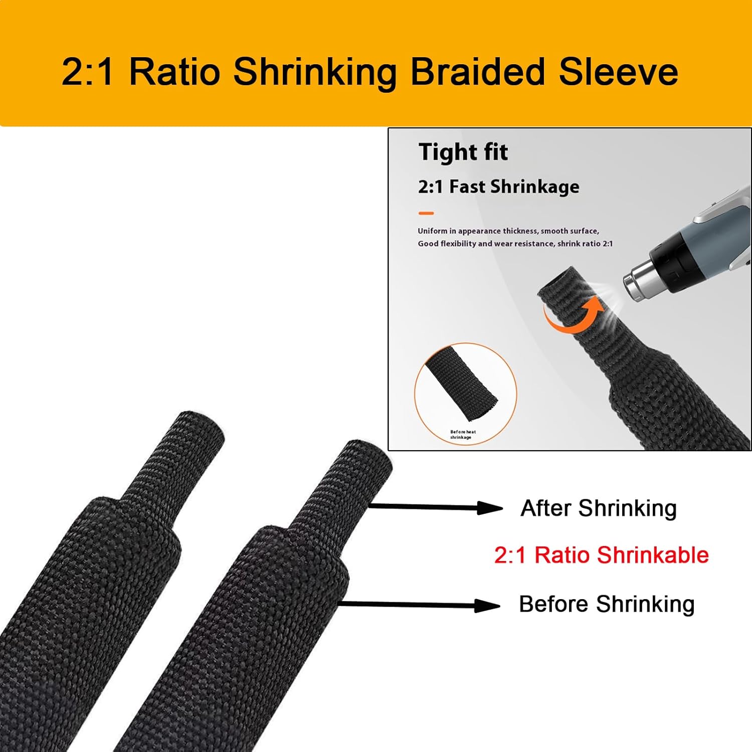 Heat Shrink Braided Sleeving 2:1 Shrinkable Fabric Cable Sheathing Wire Tubing Management Abrasion Protectors Flexibility 1/2" ID-30FT