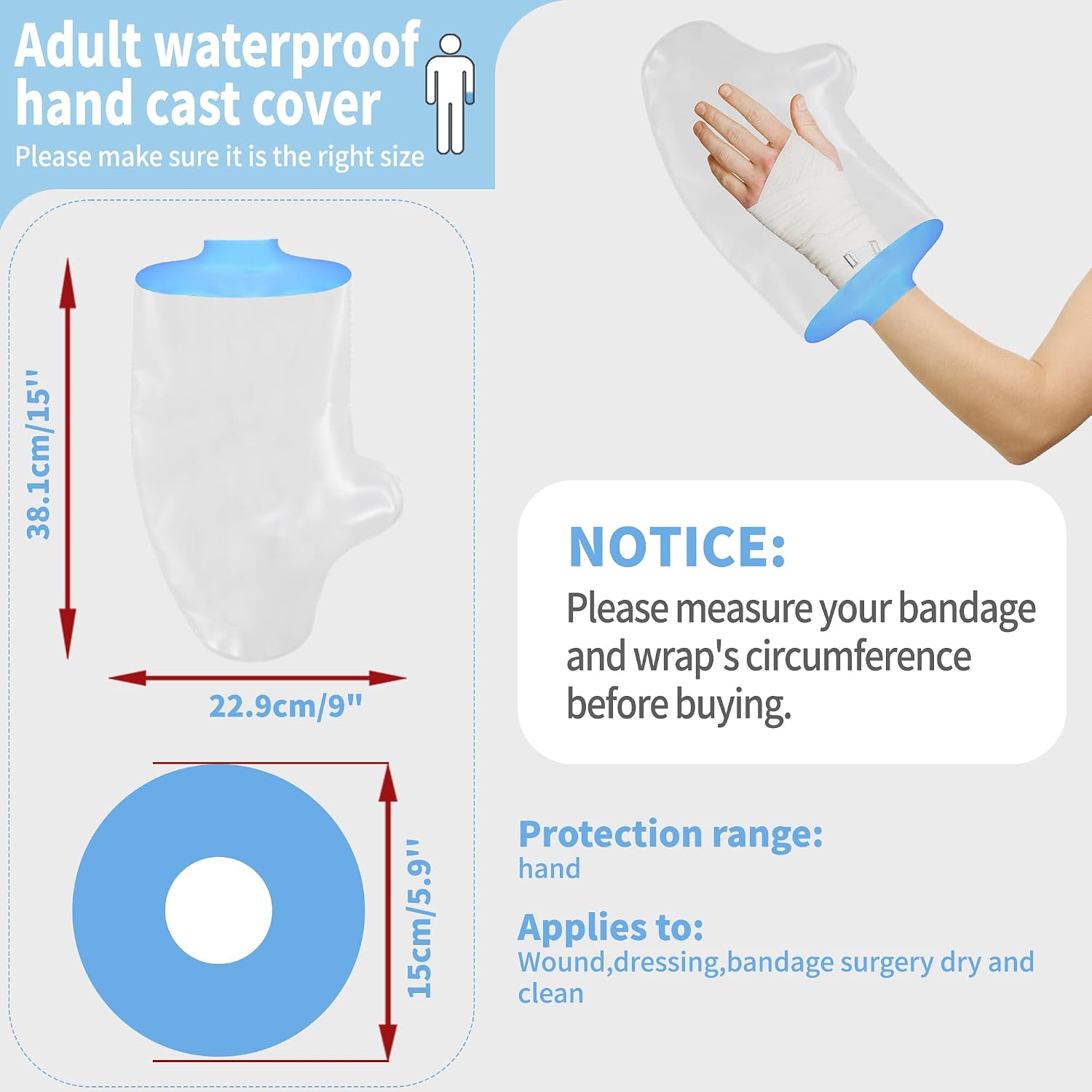 KEEFITT Waterproof Hand Cast Cover for Shower, Watertight Silicone Wrist Wound Protector After Surgery for Injury, Finger Splint, Bandage and Burn