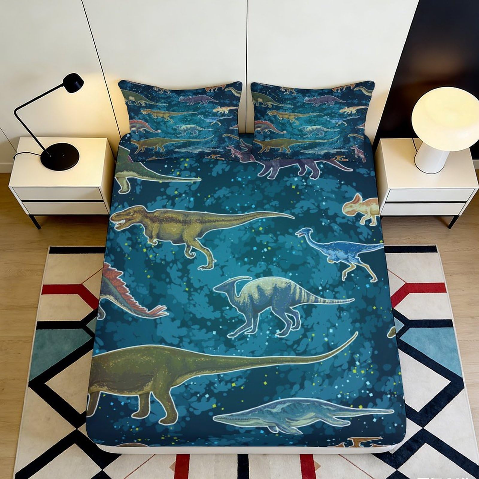 3D Printed Dinosaur Jungle Fitted Sheet Microfiber Soft Anti-Slip Blue Prehistoric Bed Cover for Bedroom Guest Room 90x200x25cm