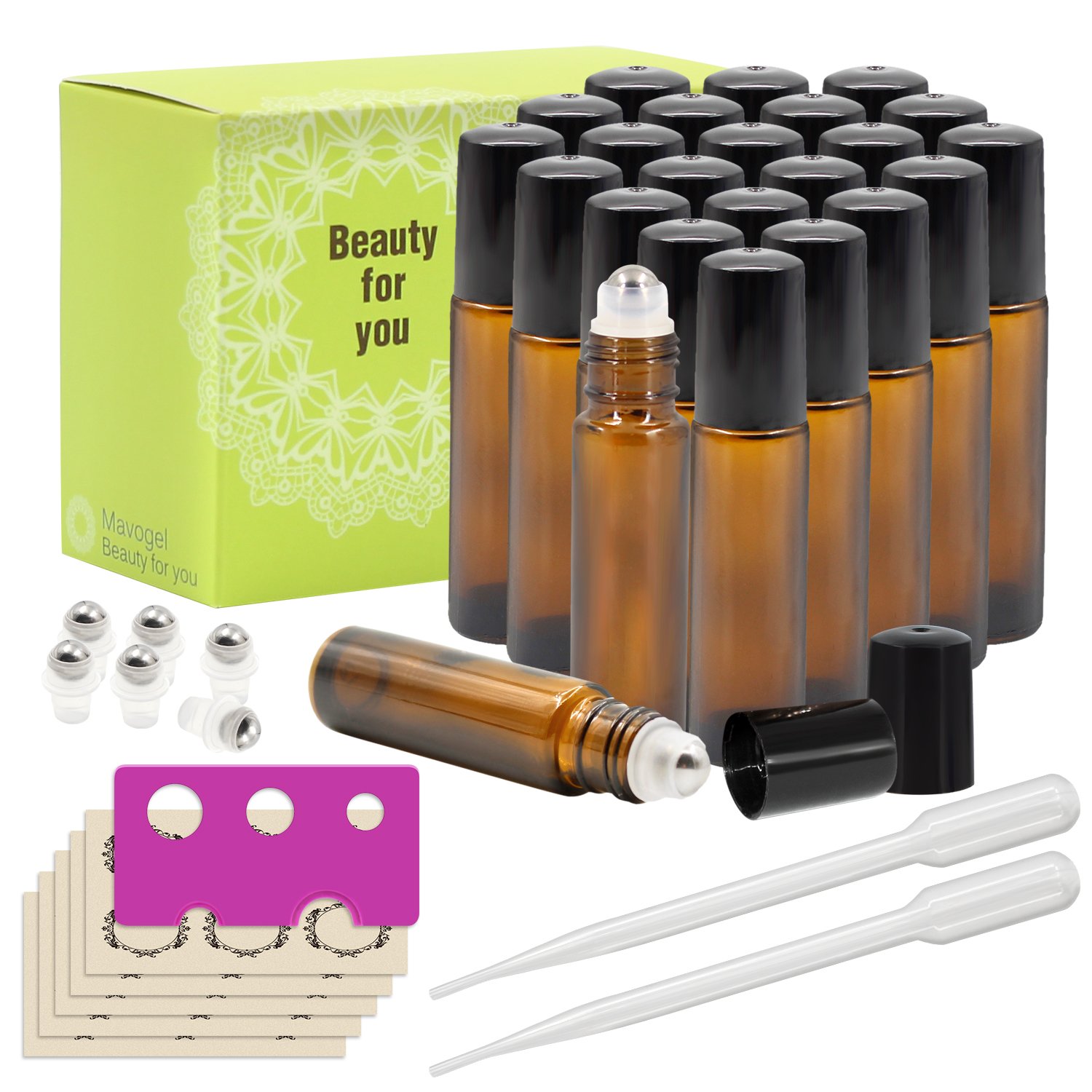 24, 10ml Amber Glass Roller Bottles With Stainless Steel Roller Ball for Essential Oil by Mavogel - Include 6 Extra Roller Ball, 30 Pieces Labels, Essential Oils Opener, 1ml Dropper