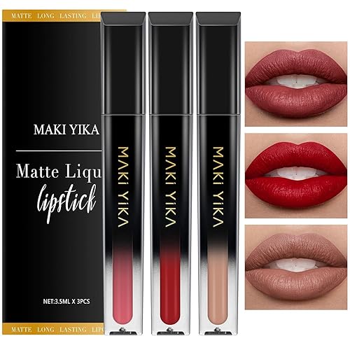 Vista 219 de MAKI YIKA Lápiz labial rojo oscuro para mujer, color permanece de larga duración, sin manchas, lápiz labial líquido mate, a prueba de transferencia