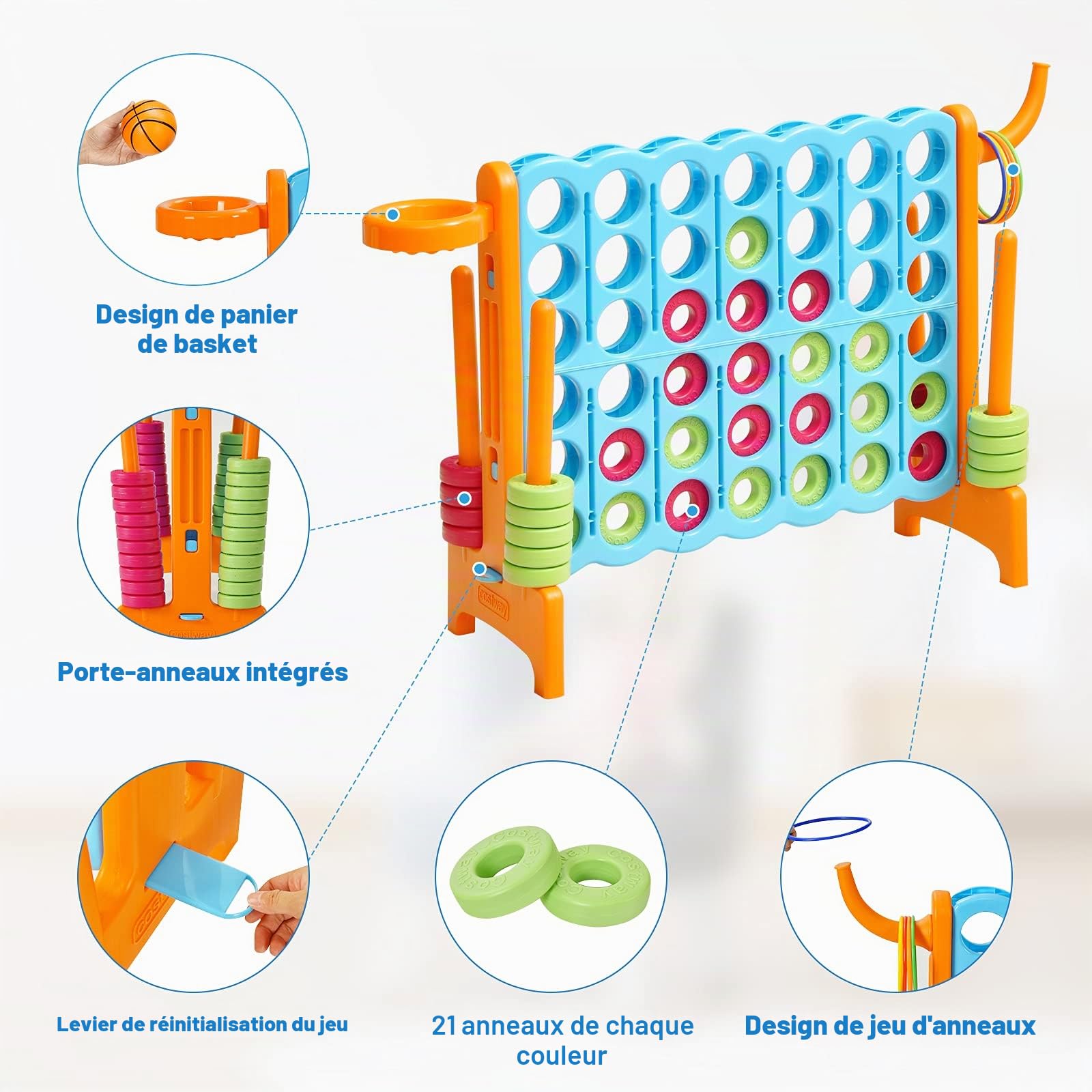 HOMASIS Jeu géant 4 Gagnants, Jeu 4 en 1 avec Panier de Basket & Lancer, Jeu de Stratégie avec 42 Anneaux, XXL Jeu de société Jouet pour Enfants & Adultes Extérieur (Orange)