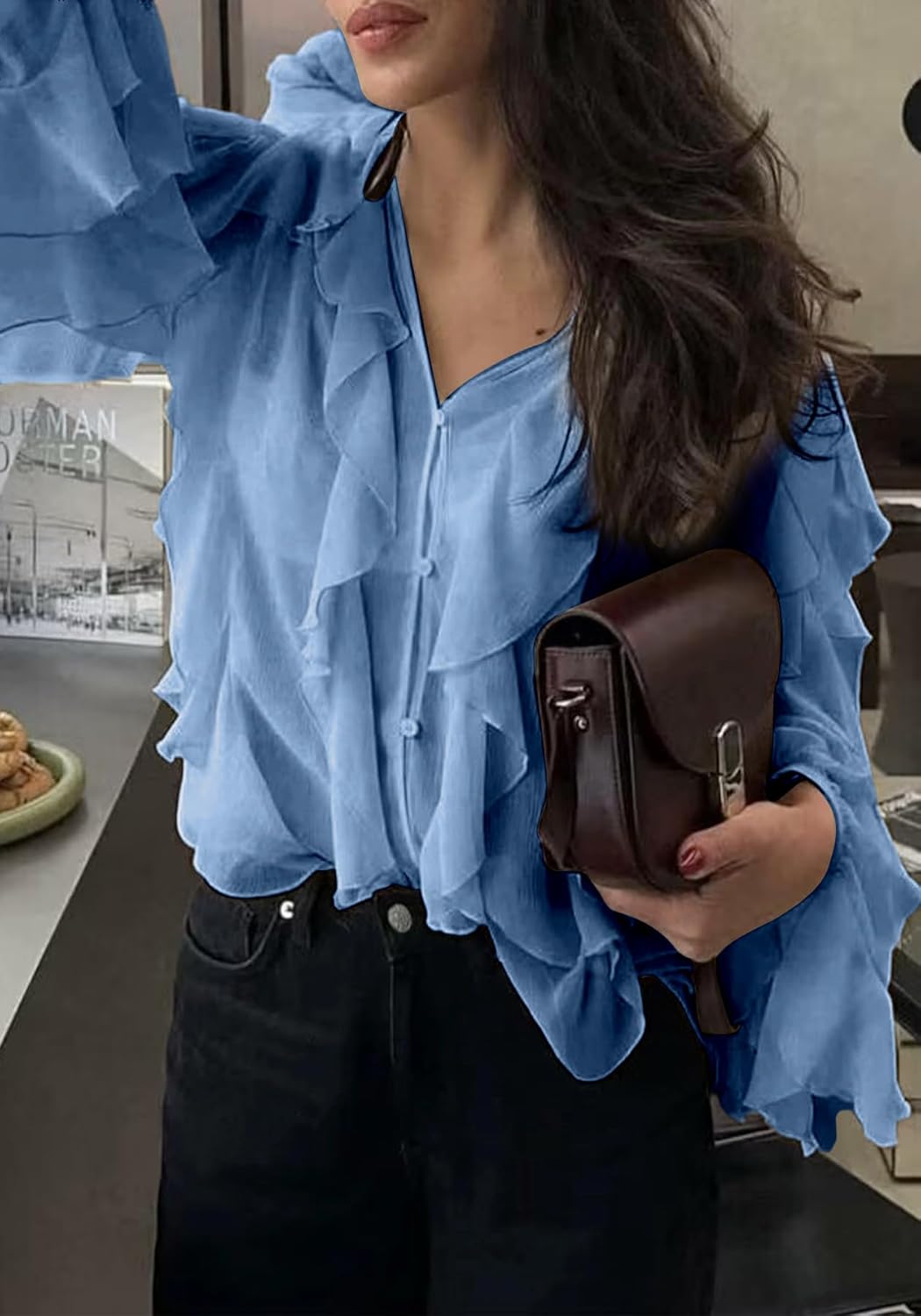 LETSVDO Women's Ruffle Chiffon Tops Puff Sleeve Sheer See Through Button Down V Neck Bubble Loose Casual Blouses Shirts - Image 3