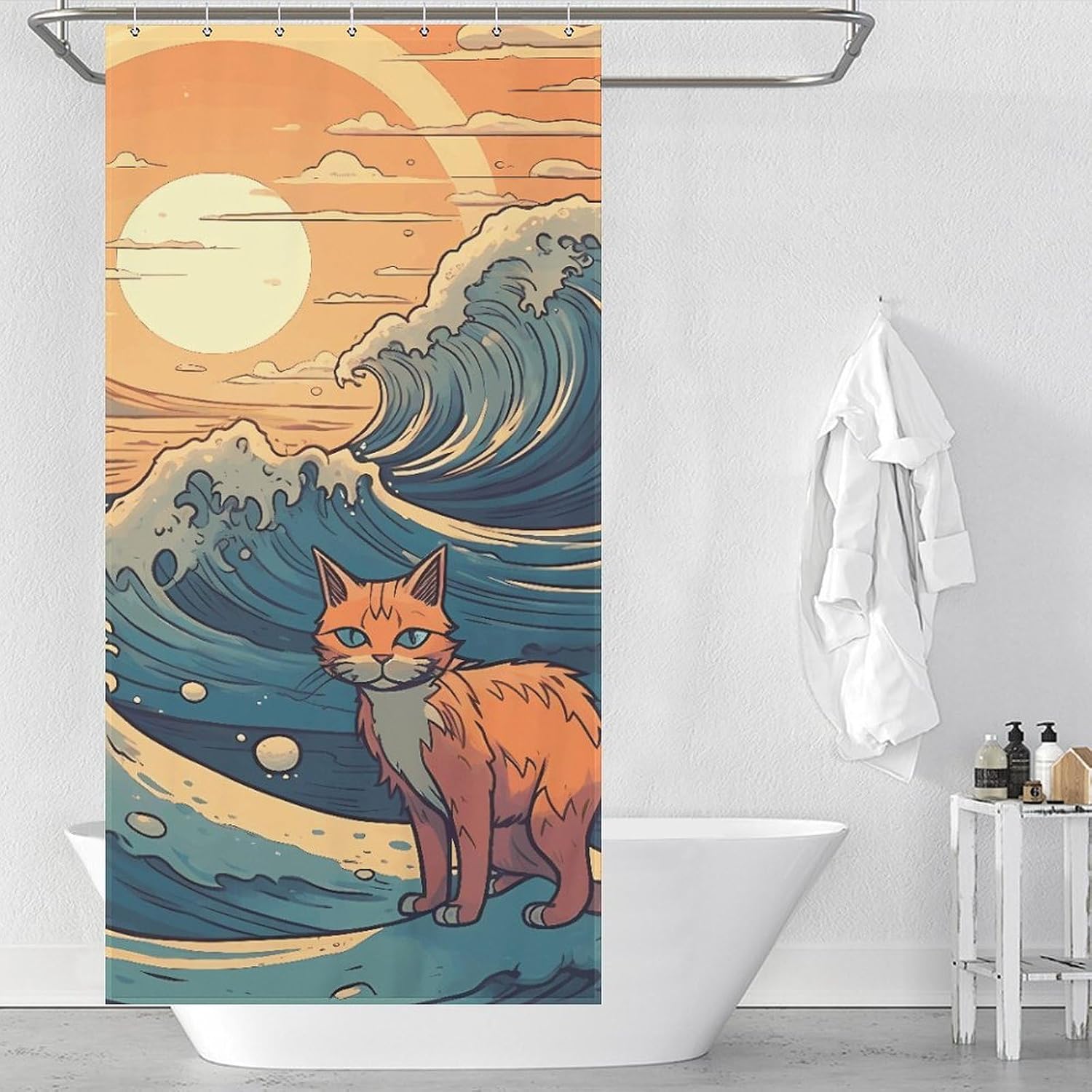 Anime Style Cat Shower Curtain Extra Long Bathroom Shower Curtains with 12 Hooks Waterproof Boho Bath Curtains Funny Farmhouse Fabric Shower Curtain Sets for Bathroom Decor 36x72Inch（92x183cm） image 3
