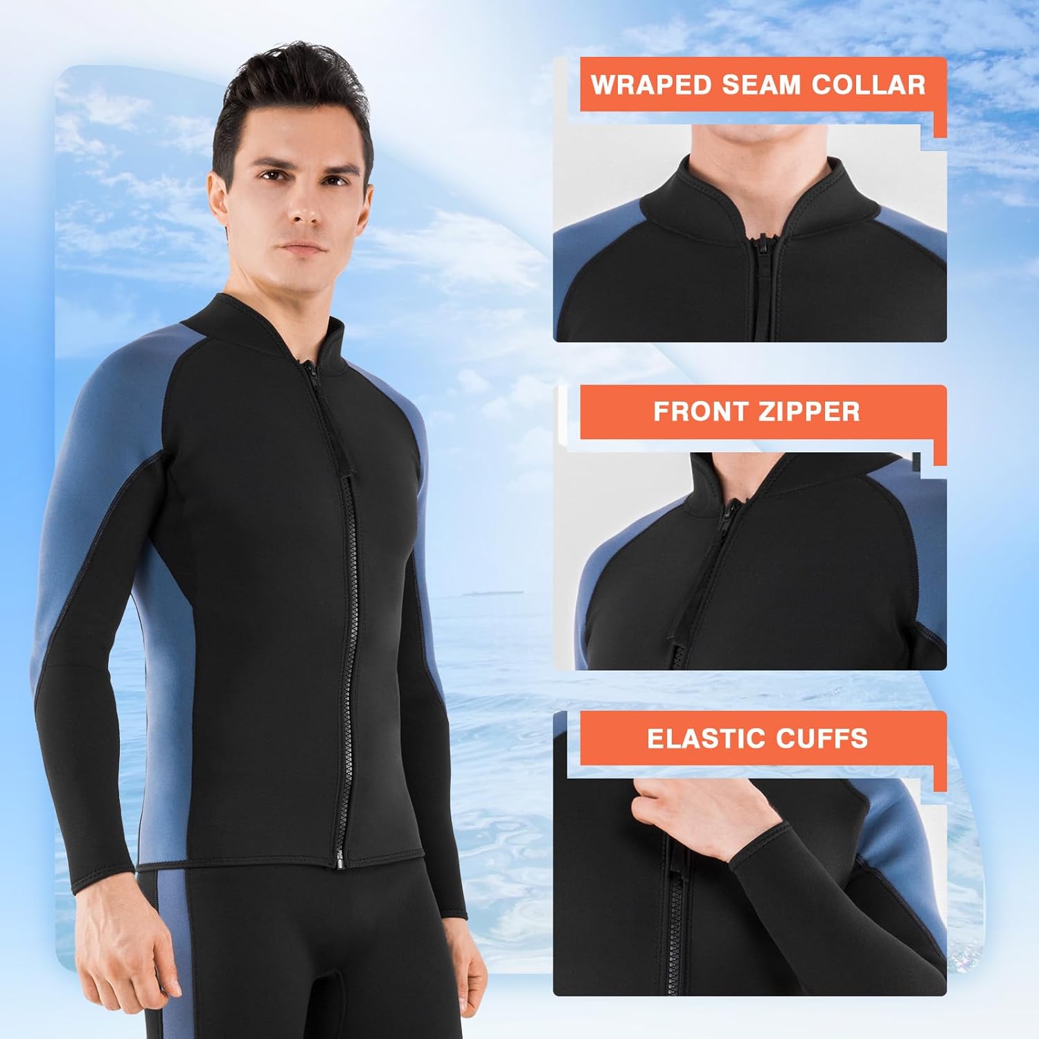 FLEXEL Wetsuit Top for Women and Men 2mm 3mm Neoprene Wet Suit Jacket Front Zip Long Sleeve Keep Warm in Cold Water for Surfing Swimming Diving Snorkeling