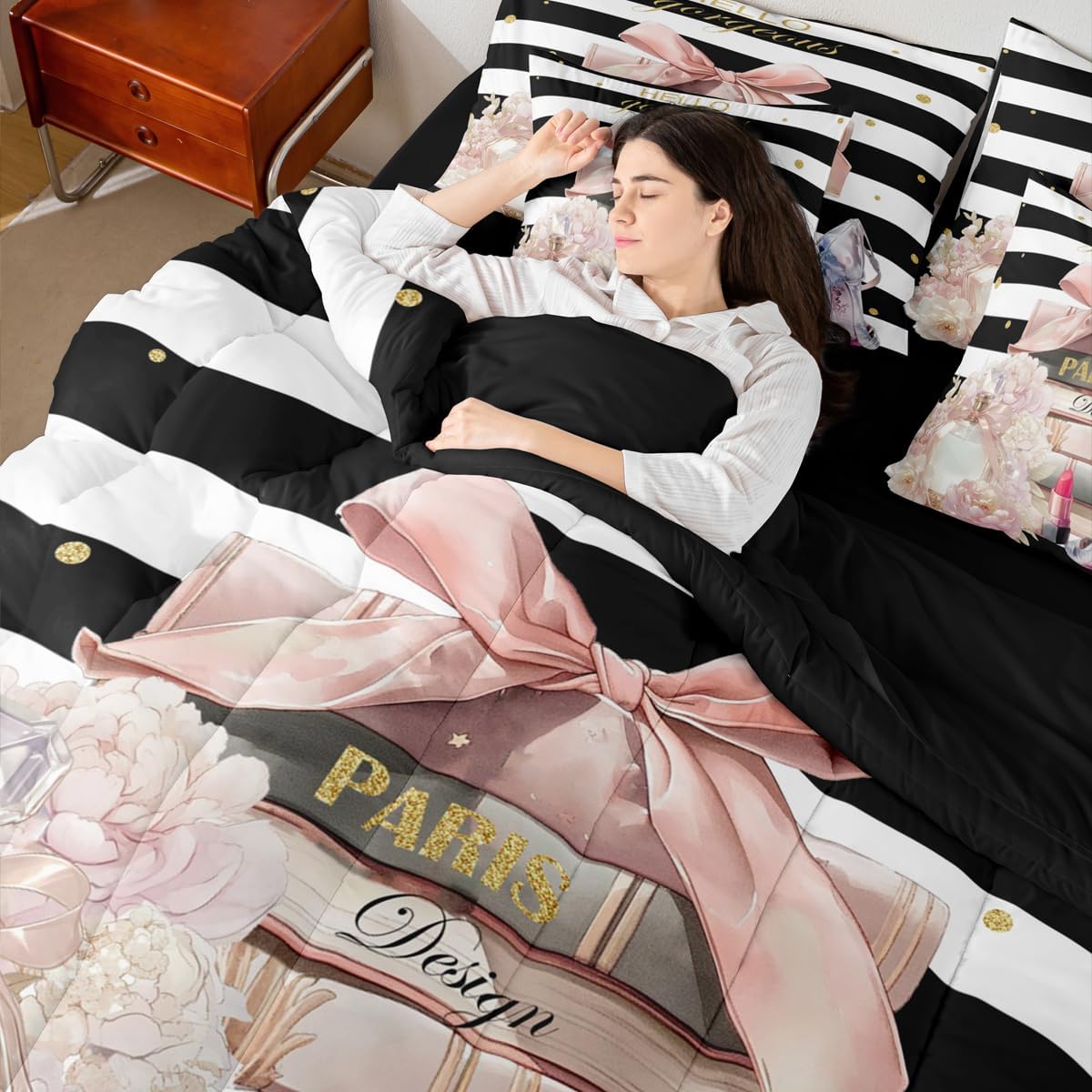 jejeloiu Pink Fashion Comforter Set with Sheets Full Size Kids Black White Striped 7 Pieces Bedding Set for Boys Girls Teens Floral Bed in a Bag Breathable Perfume High Heels Books Bedroom Decor