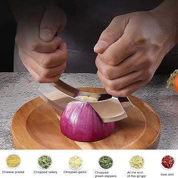 Salad Chopper With Round Wood Cutting Board - Mezzaluna Knife with Protective Cover and Anti-Slip Handle Stainless Steel Chopper Vegetable Cutter Onion Chopper Mincing Knife Pizza Cutter