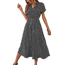 Womens Polka Dot Maxi Ruffle Dress Henley Button Down Flowy Summer Midi Shirt Dress High Waist Tie Swing Long Dress