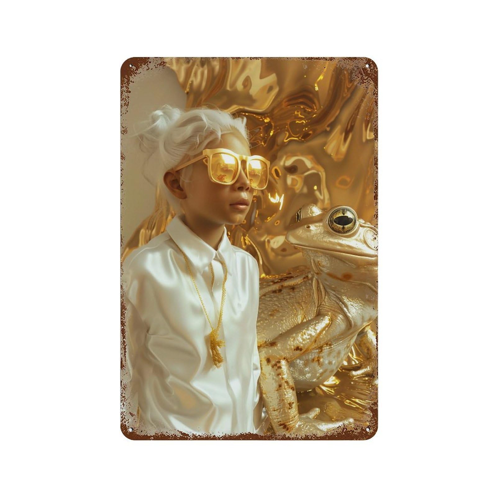 YHGERTKU Golden Frog And Girl Surreal 02 Wall Art Retro Iron Vintage Metal Tin Sign Poster Modern Decor for Living Rooms Gift 30x20cm