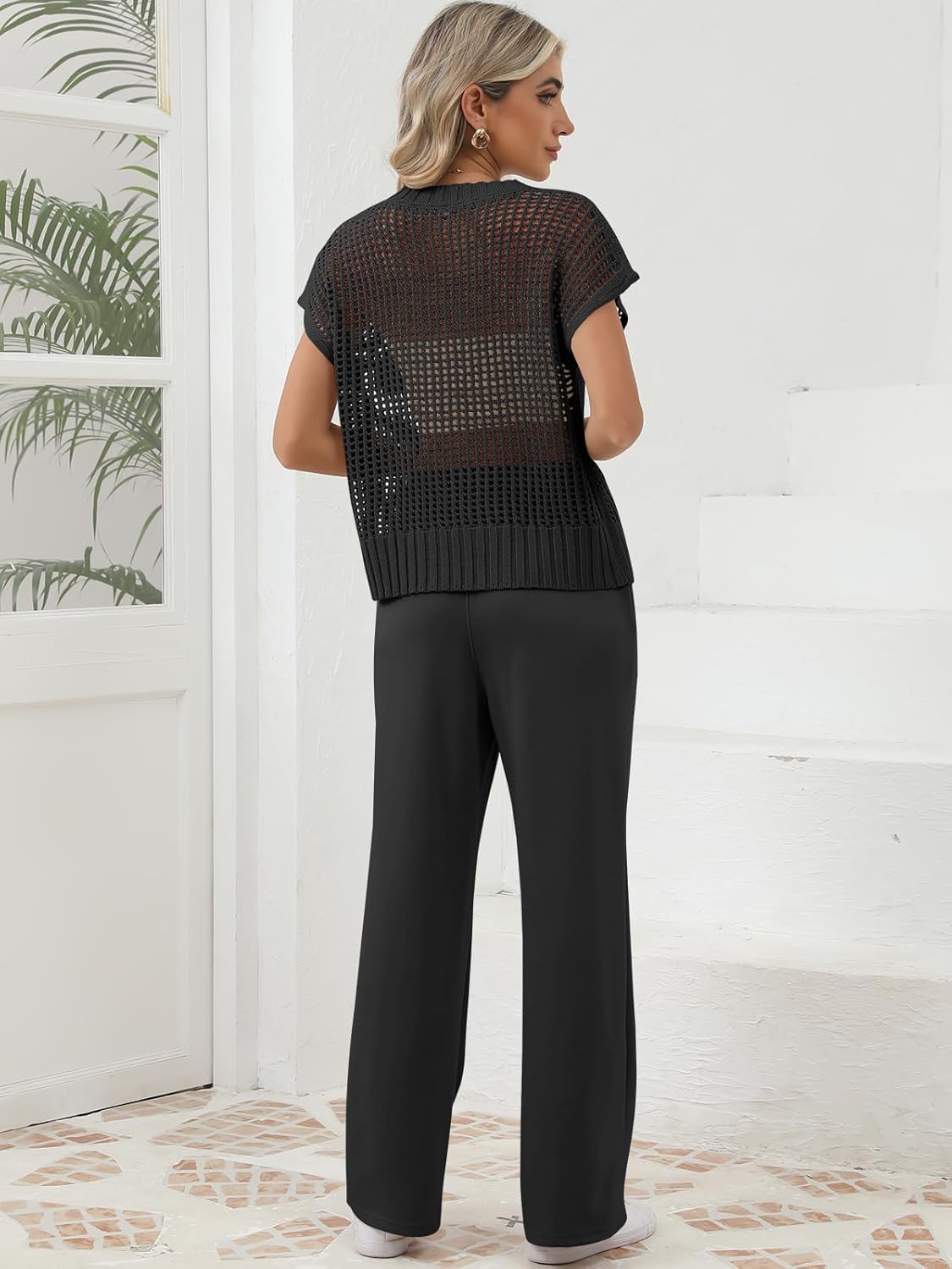 OUKODS Women Two Piece Outfits Crochet Sheer Knit Sweater Top Wide Leg Pants Lounge Matching Sets Sweatsuit Travel Clothes - Image 7