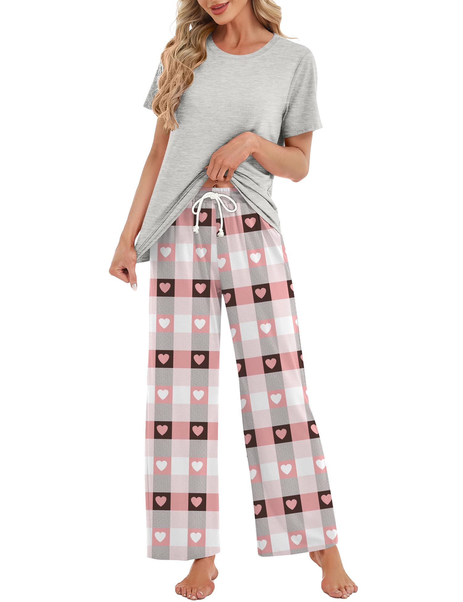 Rapbin Schlafanzug Damen Lang Pyjama Set Zweiteiliger Nachtwäsche Loungewear Damen Schlafen Oberteil und Schlafanzughose mit Taschen