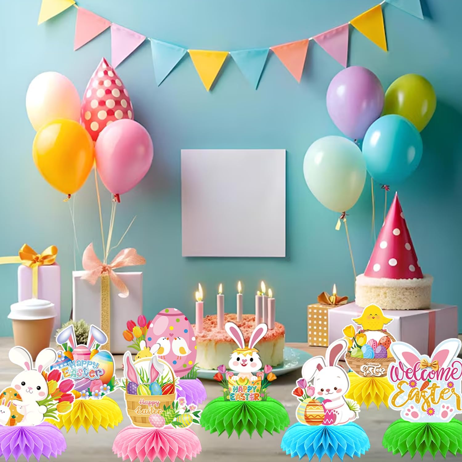 8Pcs Easter Party Supplies,Easter Honeycomb Centerpieces,Easter Bunny Theme 3D Table Decorations