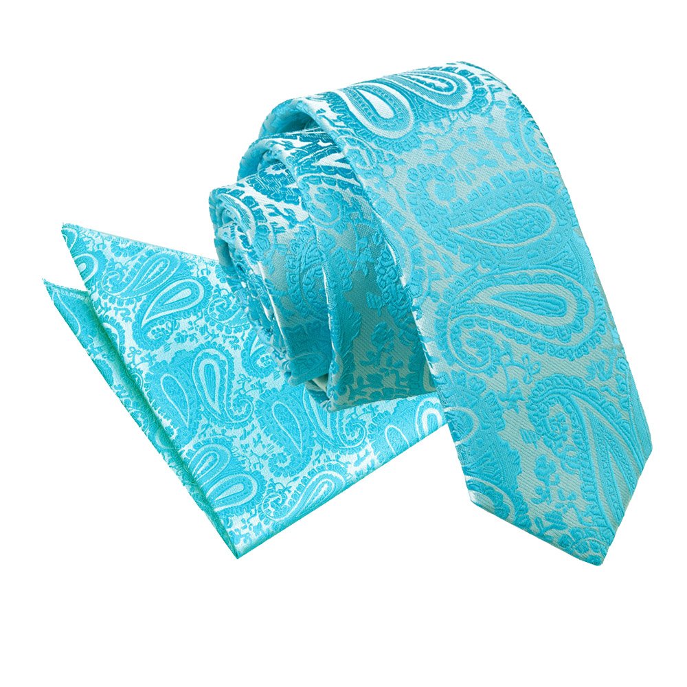 Dqt Men's Turquoise Paisley Floral Jacquard Skinny 5Cm Tie & Pocket Square Set (2Pc) - Wedding, Business & Formal