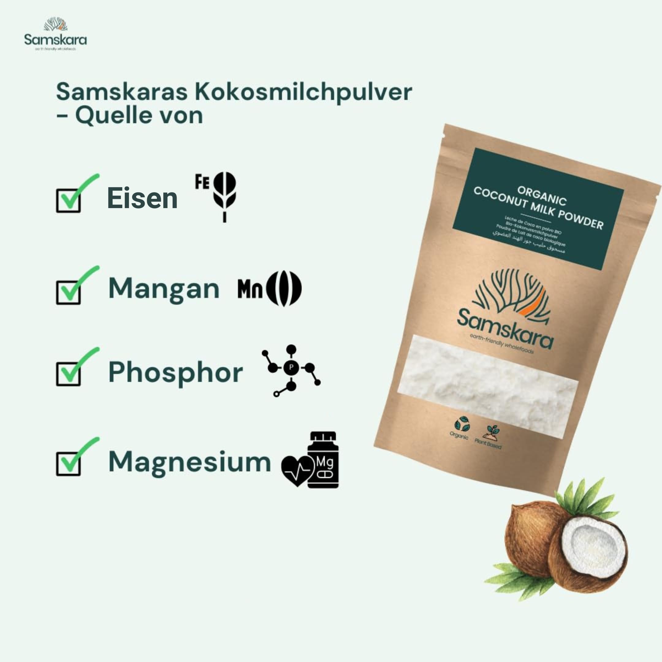 Kokosmilchpulver Reinheit COCO | Bio, Vegan, Laktosefrei, Glutenfrei | 90% Kokosnussmilch | Ideal für Barista, Smoothies & Kochen – Kokos-Geschmack | Samskara (500g)