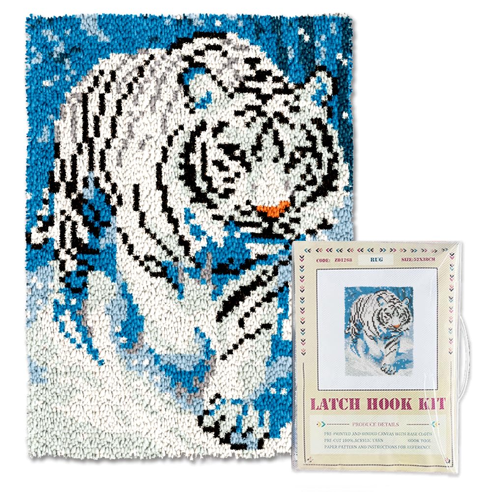 ORIGACH Weiße Tiger Knüpfteppich Zum Selber knüpfen Teppich Aus Farbgeprägtem Gitterstoff Teppich Set Für Erwachsene Heimdekoration Festivalgeschenke 52 x 38cm