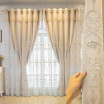 Amidoudou 1 Pair European Double Layer Curtains with Valances for Living Room Bedroom 3D Flower Embroidered Curtains Beige,54x90 Inch