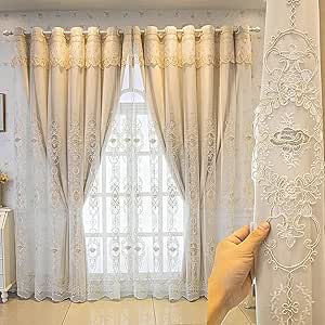 Amidoudou 1 Pair European Double Layer Curtains For Living Room Bedroom Luxury European Embroidered Curtains (Beige,66 X 84 Inch