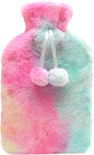 Olivia Rocco Rainbow Tie Dye Faux Fur Hot Water Bottle with Pom Poms Thermotherapy Hotwater Plush Fleece Bottles Hand Feet Warmer Neck and Shoulder Pain Relief Winter Gift