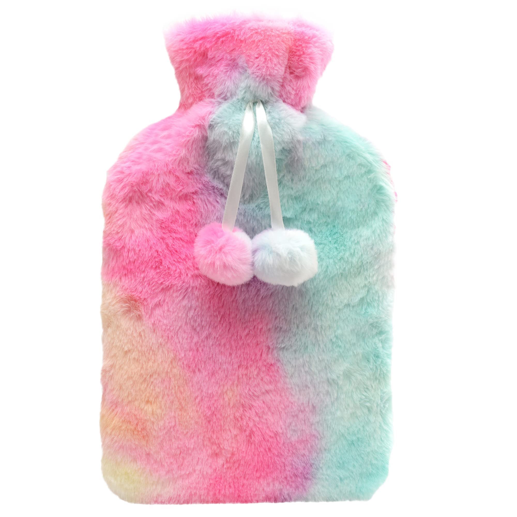 Olivia Rocco Rainbow Tie Dye Faux Fur Hot Water Bottle with Pom Poms Thermotherapy Hotwater Plush Fleece Bottles Hand Feet Warmer Neck and Shoulder Pain Relief Winter Gift