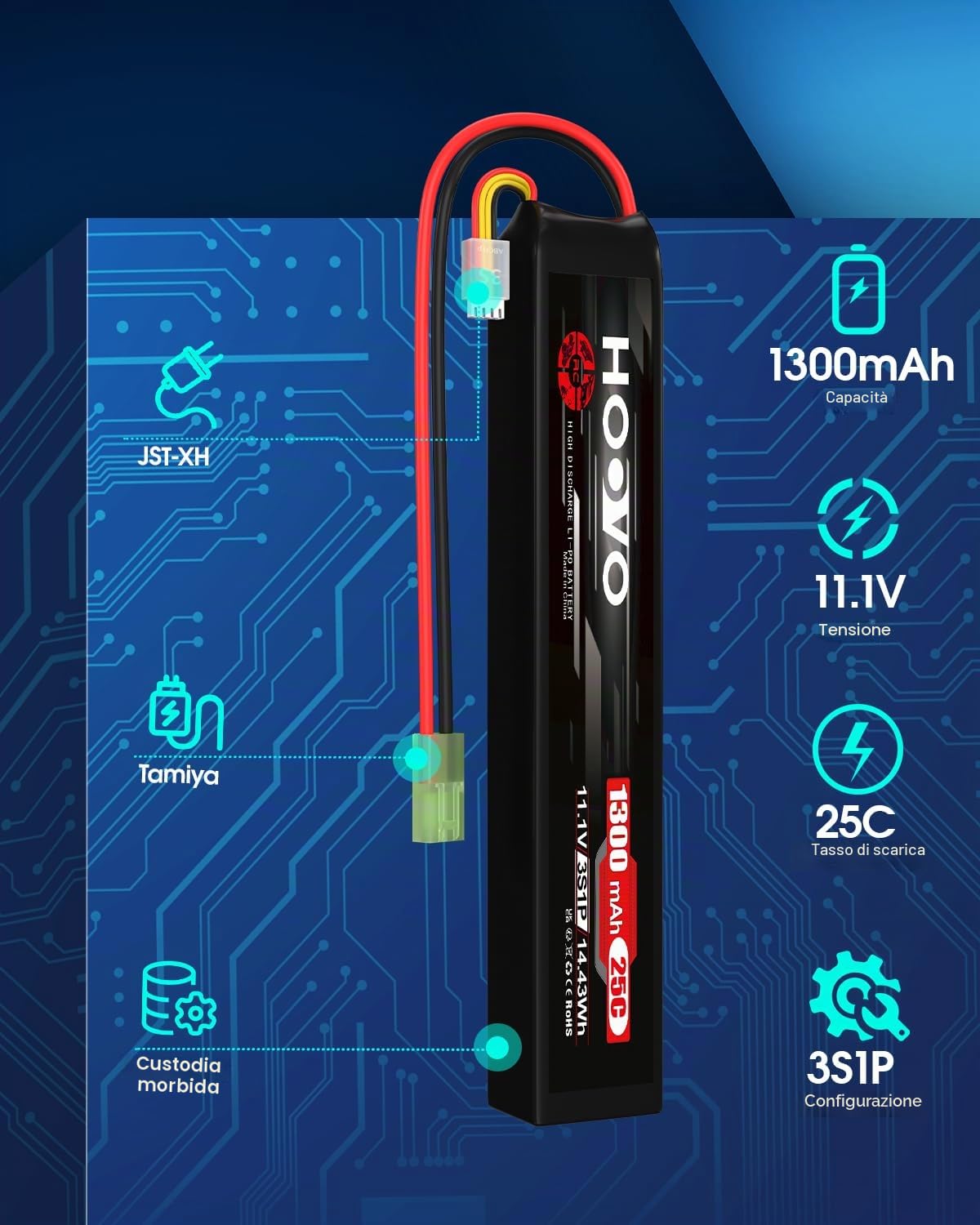 Batteria ricaricabile 3S 11,1V 1300mAh 25C Airsoft Lipo con spina Mini Tami ya HOOVO per AEG con spazio relativamente piccolo (2 pezzi)