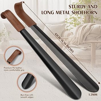 ZOMAKE Shoe Horn Long Handle for Seniors Men Women,Metal Long Shoehorn for Boots,16.5 Shoe Spoon Helper(Brown Handle 2pcs)