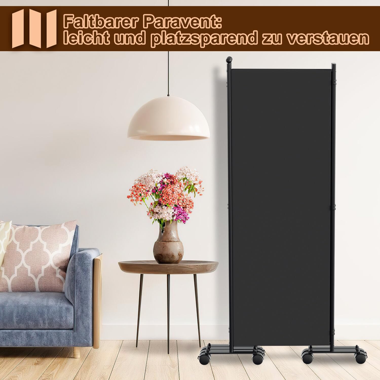 Paravent auf Rollen 263x181cm - Raumteiler 3 Teilig Anthrazit für Büro, Eventbereich Indoor | Spanische Wand Mobile Trennwand (Anthrazit)