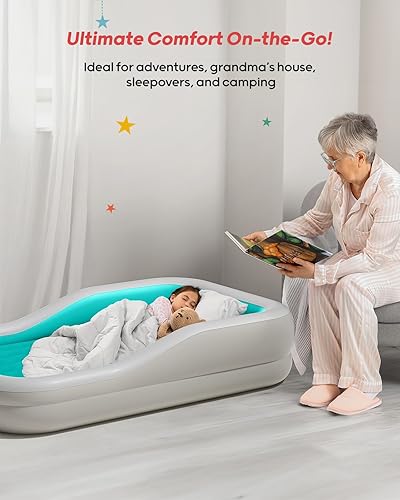 Miniatura 4 de QPAU Cama inflable de viaje para niños pequeños con parachoques de seguridad de 3 lados, colchón de aire extra grande para niños, incluye colchón