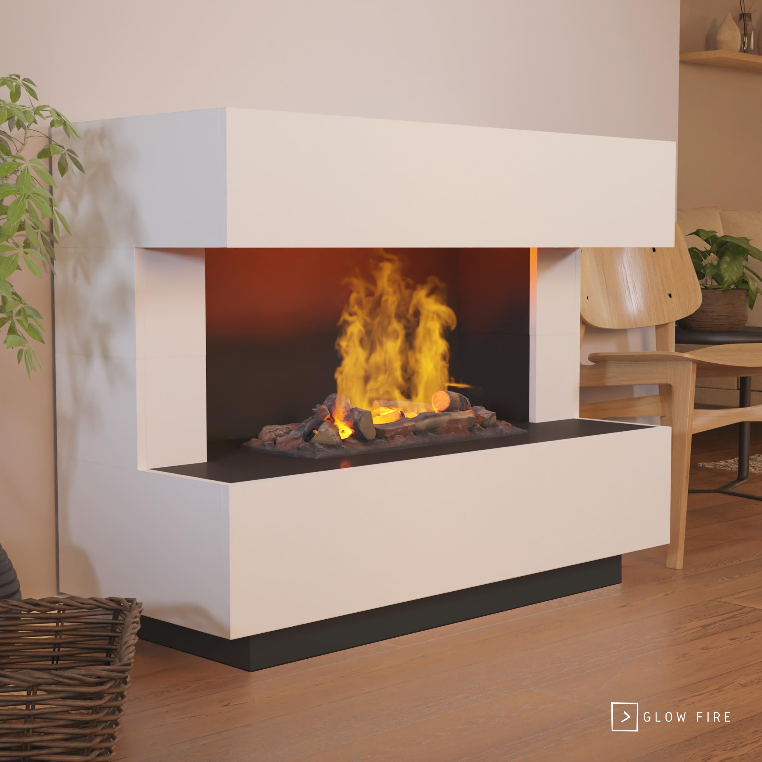 GLOW FIRE Wasserdampf Kamin Kant (Standkamin) - Elektrokamin mit realistischen LED 3D-Flammen, Knistereffekt & Fernbedienung, 120x93x50 cm - Opti-Myst 600 Elektro Kamin mit Holz-Deko, Weiß