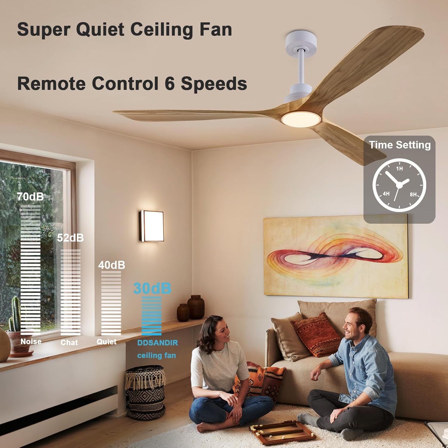 60" Modern Ceiling Fan with Lights Remote Control(FCC) ,Dimmable Dimmable Quiet-operation DC Motor 3 Blades Wood Ceiling Fans for Patio Livingroom, Bedroom, Office,Indoor Outdoor(Log wood+White)