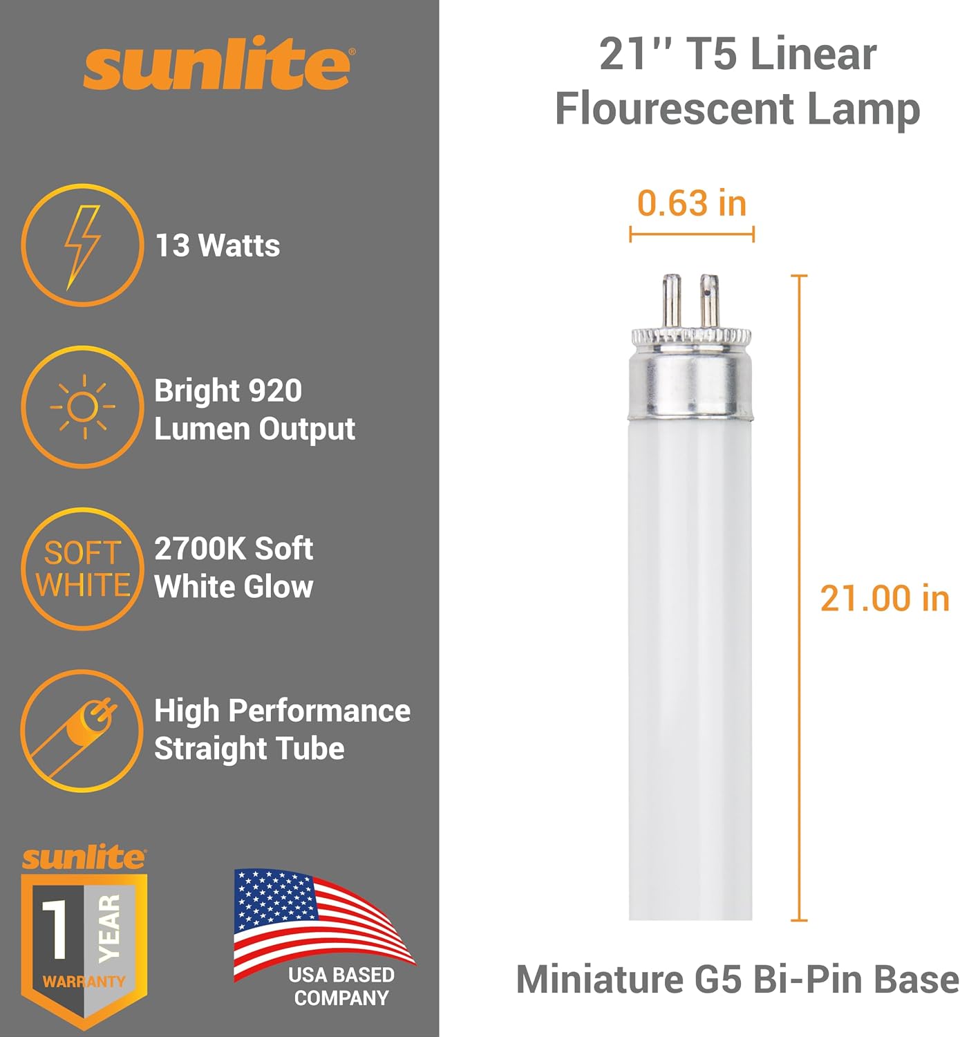 Sunlite 21-Inch F13T5/WW T5 Linear Fluorescent Lamp, 13 Watts, 920 Lumens, 2700K Soft White, Miniature G5 Bi-Pin Base, ROHS Compliant, High Performance Straight Tube, 10 Pack