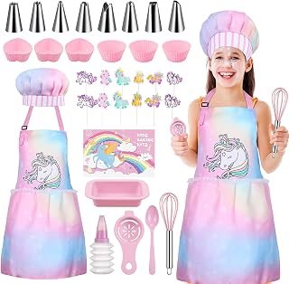 Gemeer Trajes de Cocina y Horneado para Niños 34 Juegos, Incluidos Delantales, Gorros de Chef, Guantes y Disfraces para Niños, Rosa Disfraces de Chef, Juegos de rol Profesionales 8-12 Años