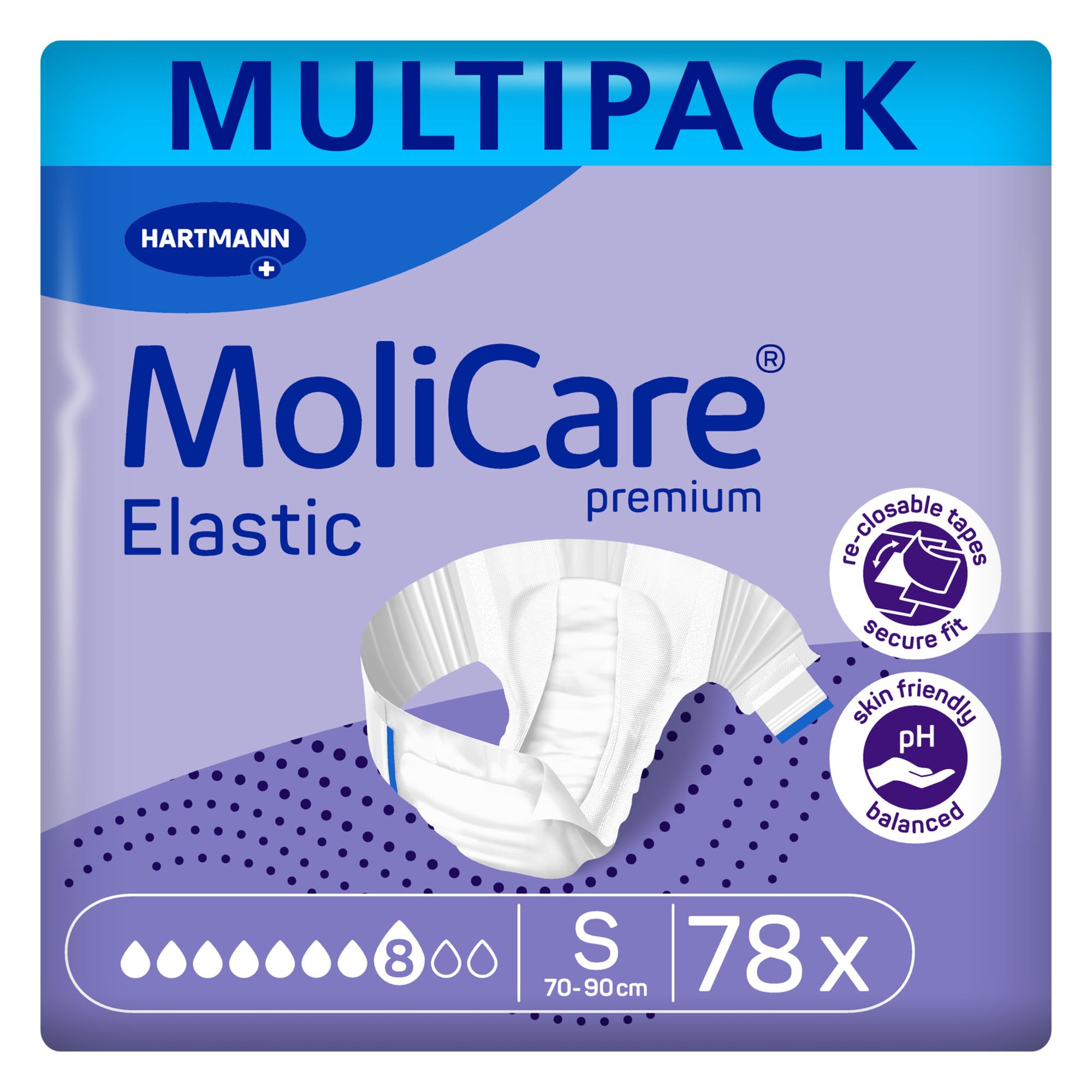 MoliCare Premium Elastic Adult Nappies – 8 Drops | High-Absorbency Disposable Diapers for Men and Women with Severe Incontinence| Size S | 3 Packs of 26 (78 Pieces)