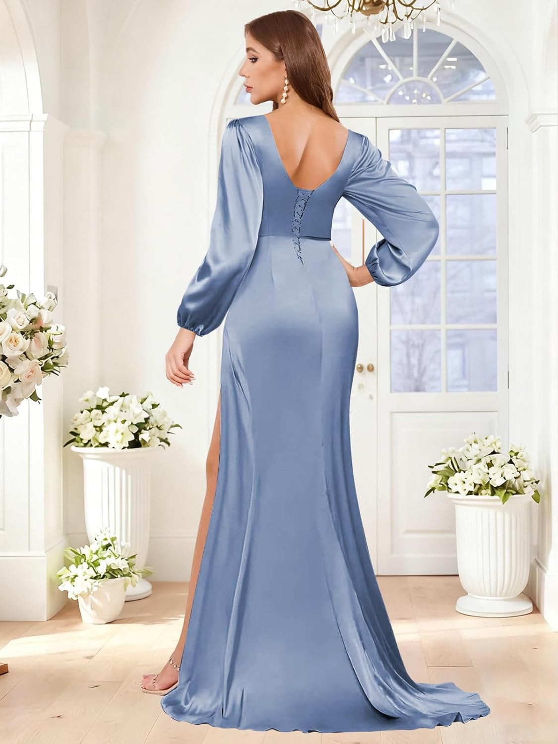Long Sleeve Satin Bridesmaid Dresses V Neck Ruffles Pleated Mermaid Long Formal Prom Dress with Slit - Image 3