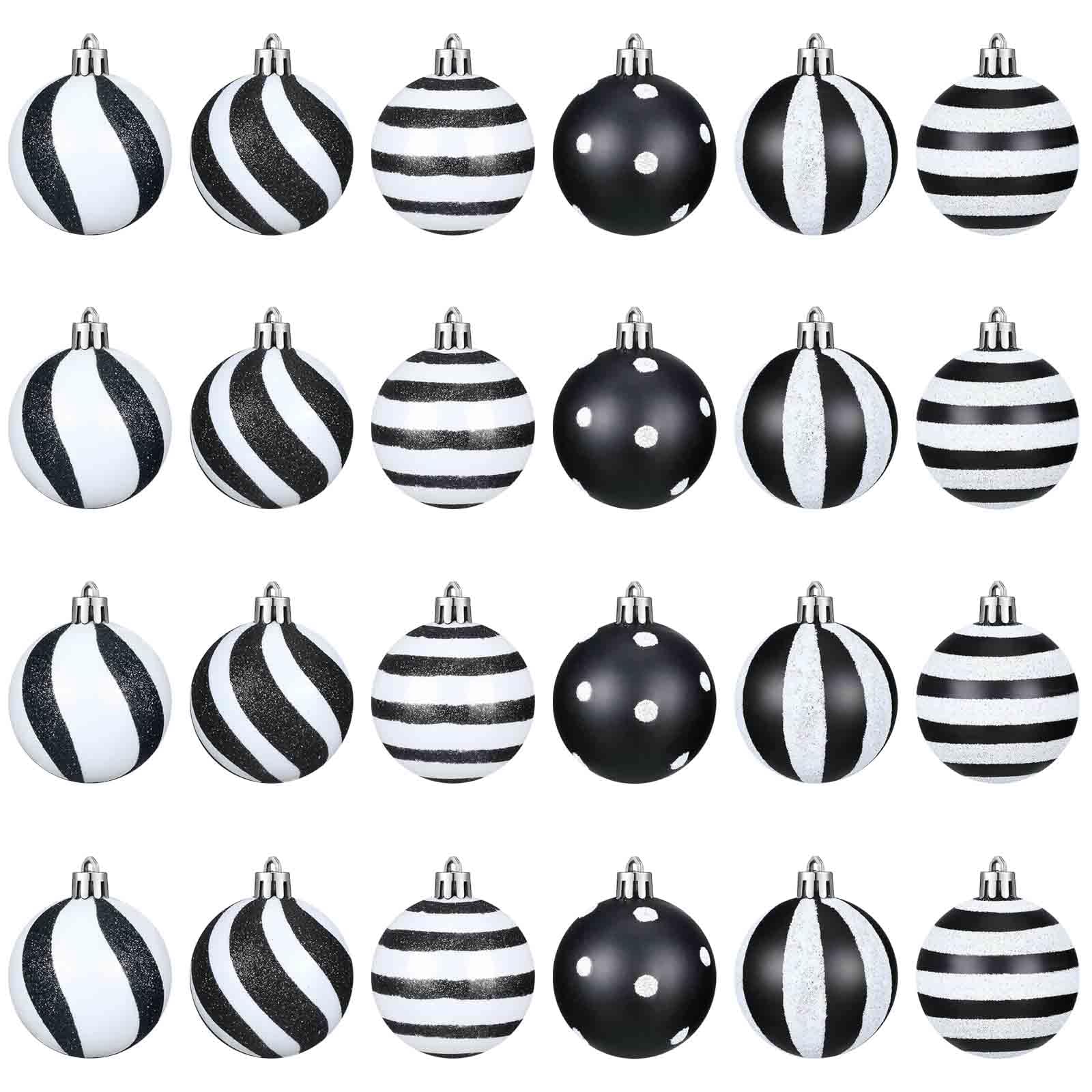 Pack of 24 Black and White Christmas Baubles, Striped and Polka Dot Plastic Christmas Tree Baubles, Shatterproof Christmas Decorations for Tree, Home, Christmas Party Decoration