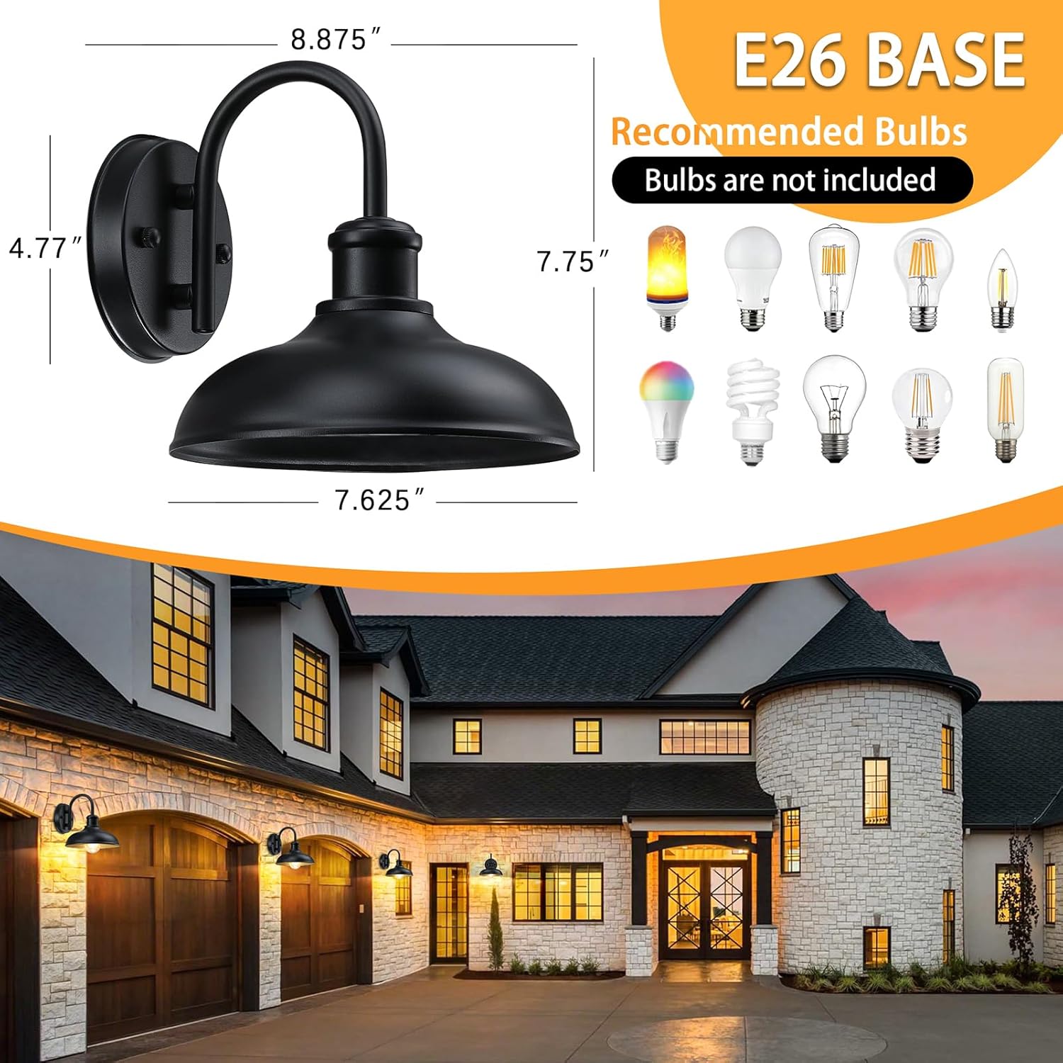 Gooseneck Outdoor Light Fixtures, 2-Pack Farmhouse Barn Lights for Porch, Industrial Black Exterior Wall Sconce for Garage, Patio, E26 Base Anti-Rust for Garage Frontdoor Entryway Doorway