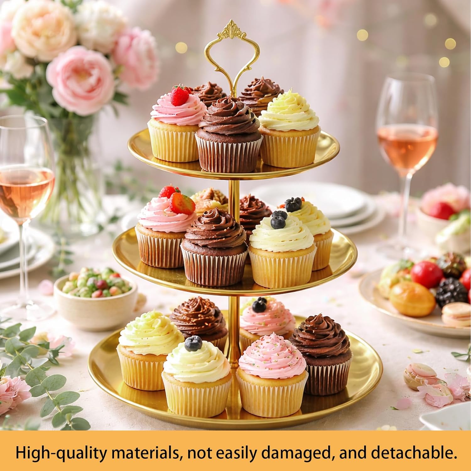 3 Pcs 3 Tier Stainless Steel Cupcake Stand, Gold Tiered Dessert Stand for Wedding, Birthday Party, Baby Shower, Tea Party, Graduation Ball (Gold)