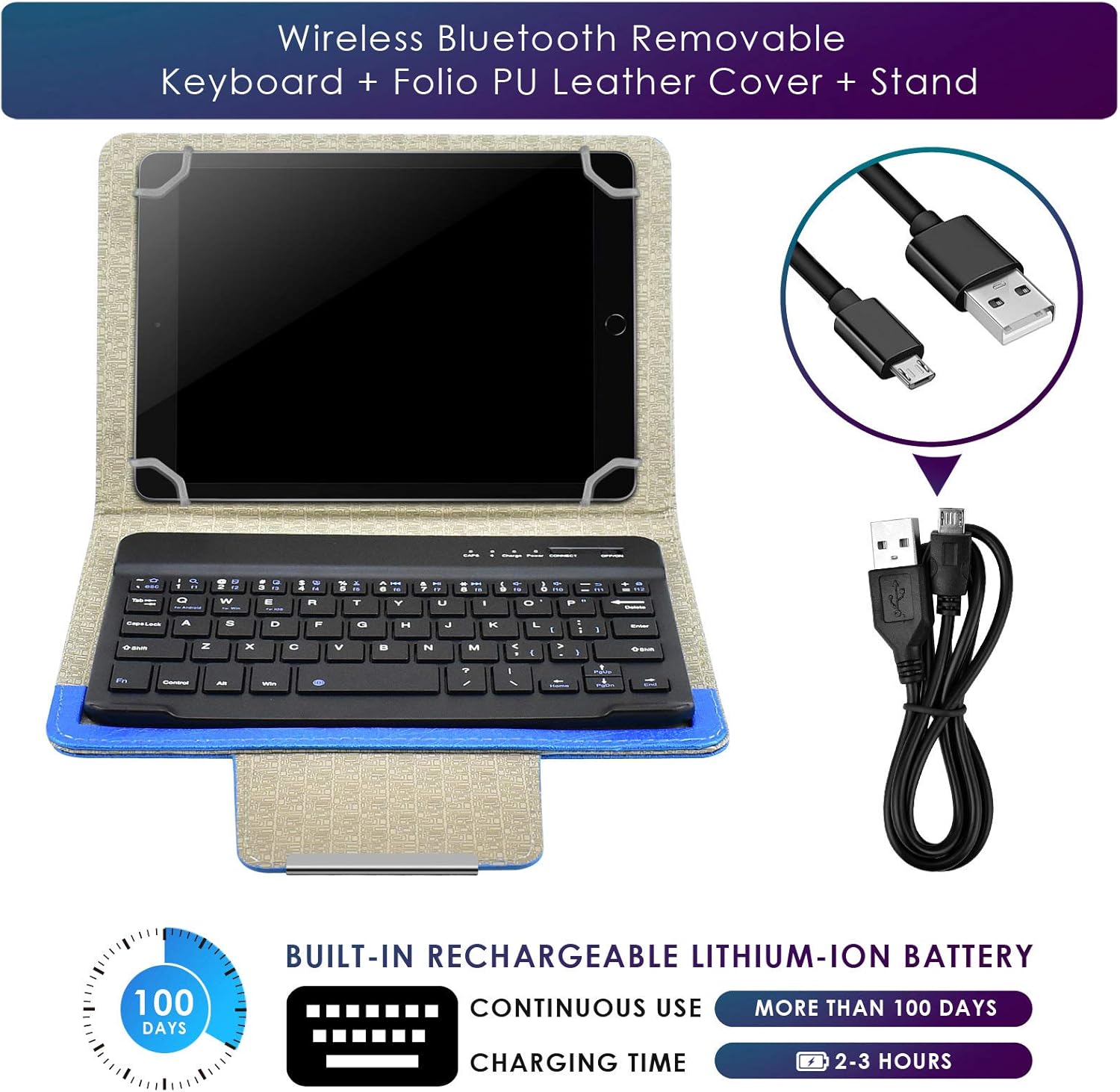 DETUOSI Universal 8.0 inch Android Tablet Case with Keyboard, Removable Wireless Bluetooth Keyboard + PU Leather Folio Book Cover + Stand, Travel Portable Sleeve for iOS/Android/Windows System Tablet - Image 7