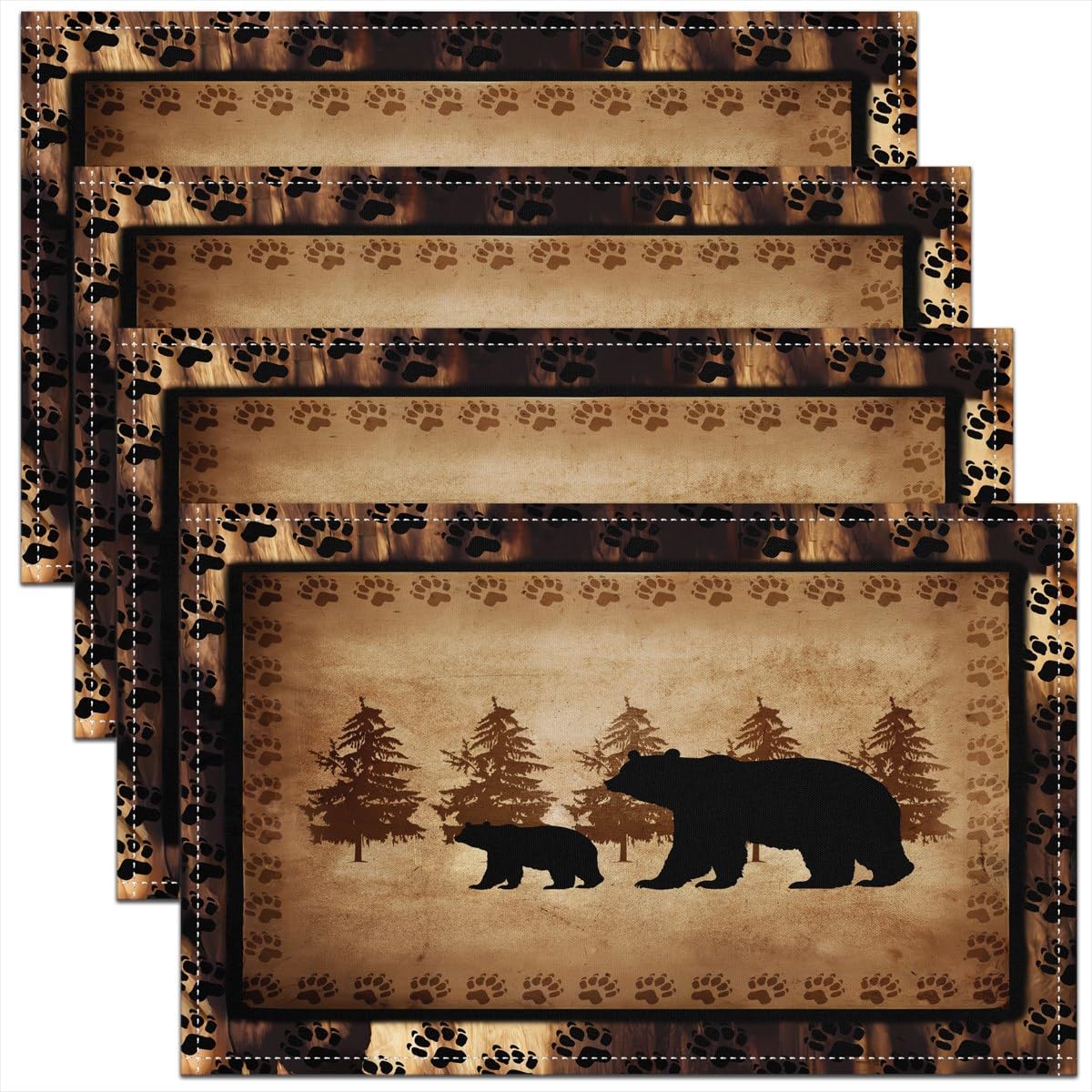 jejeloiu Bear Placemats Set of 4,Wild Animal Table Place Mats,Rustic Cabin Country Nature Wildlife Bear Brown Black Placemat for Kitchen Dining Table Decoration Indoor Outdoor 18"x12"